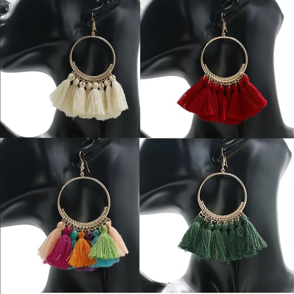 Elegant White Tassel Hoop Earrings - Picture 2 of 4